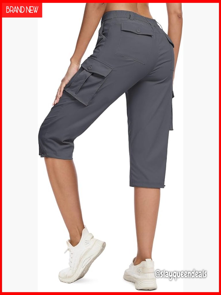 Water Resistant Cargo Capris With 6 Pockets, Elastic Waist, Adjustable Leg
